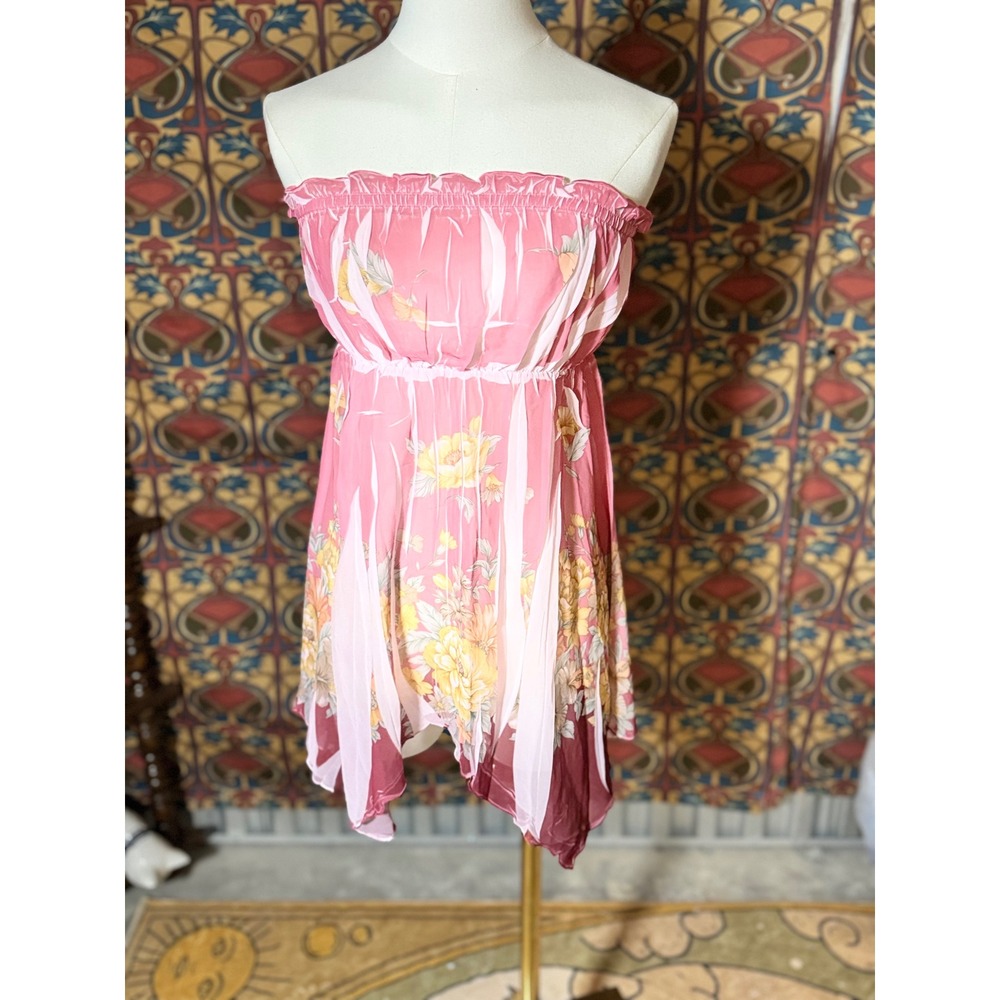Venus Pink Floral‎ Strapless Dress Flowy Sheer Asymmetrical Hem Party Occasion